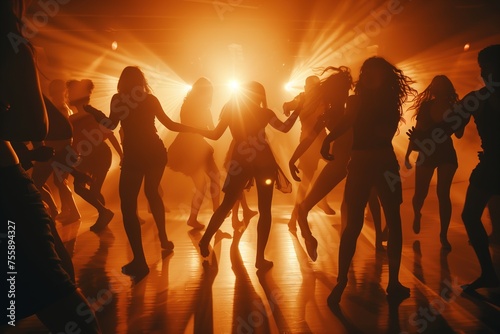 A group of people are dancing in a dark room with a spotlight on them