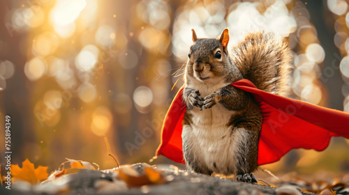 Squirrel donning a superhero cape and posing