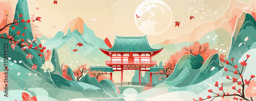 Spring Equinox Day Japan Torii Gate And Sakura Blossoms In Sun -