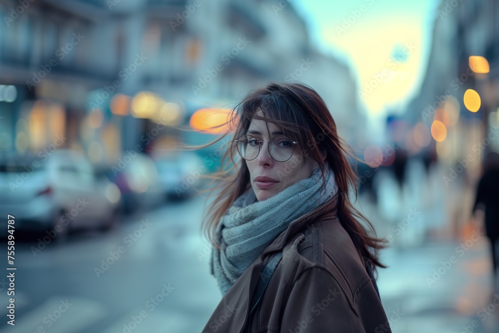 A woman wearing glasses and a scarf stands on a city street