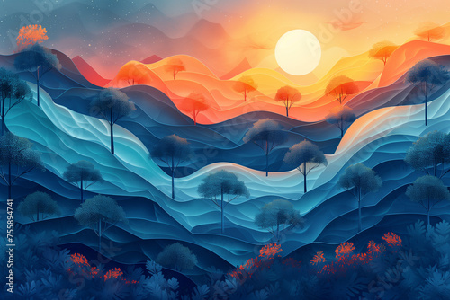 Beautifull  modern illustration of natural landscapes, with mountains, valleys, flowers, trees and forests