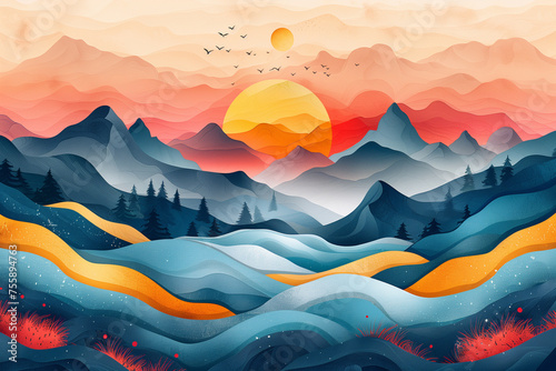 Beautifull modern illustration of natural landscapes, with mountains, valleys, flowers, trees and forests