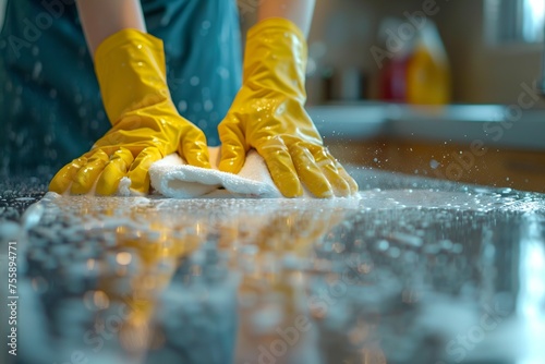 This close-up captures a woman's gloved hands meticulously polishing a table top with cleaning supplies, embodying the essence of diligent home and office maintenance for a pristine environment