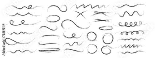 Hand drawn wavy strokes, crosshatching, circles. Decorative graphic elements. Black brush strokes and pencil and ink strokes. Typographic tails of strokes. Vector illustration