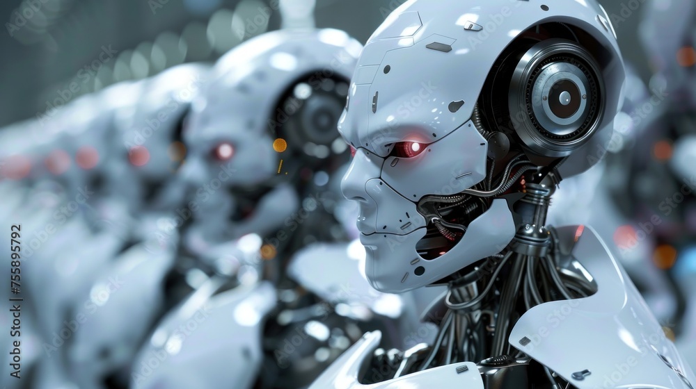 A group of white humanoid robots in a row working in a factory close-up A group of white humanoid robots in a row working in a factory close-up