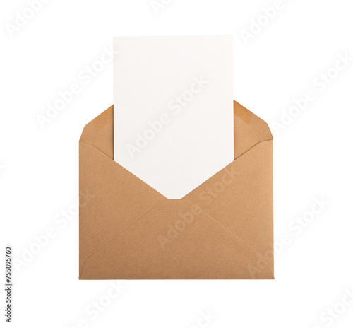 Postcard, vertical card mock up, clean paper sheet from open kraft envelope isolated on white, transparent PNG