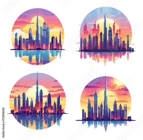 Dubai cityscape scenic cartoon vector set. Arabian hightower skyscrapers modern business megapolis architecture skylines illustrations isolated on white background photo
