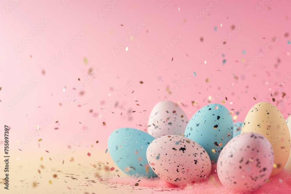 Painted colorful easter eggs on pink background with festive sparkle confetti.