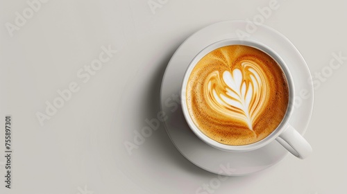 top view product photography captures a coffee cup with heart-shaped latte art, meticulously centered.