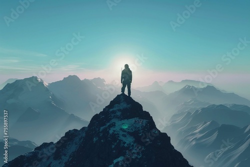Silhouette of a man on top of a mountain peak. Generative AI © Khalif