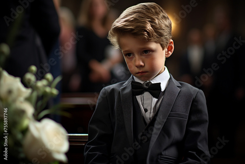 AI generative image scene of sad crying little boy at funeral ceremony