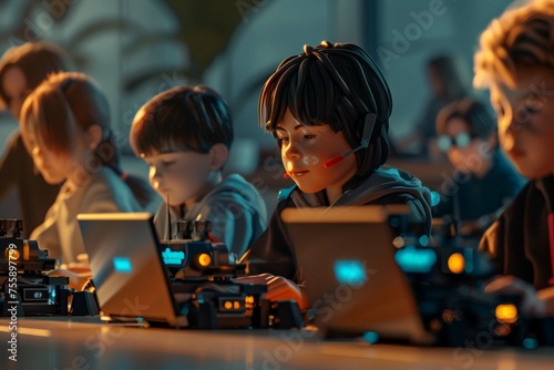 Pre-adolescent boys and girls programming robotics at laptops on classroom floor
