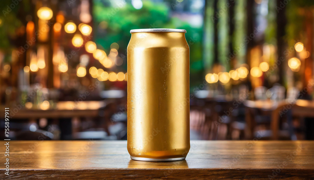 Golden aluminum can on table in pub. Beer or soda drink package. Refreshing beverage. Blurred bar interior
