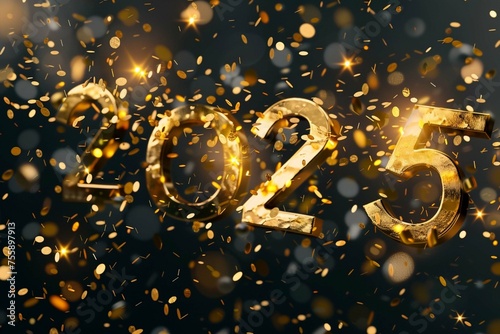 Realistic 2025 golden numbers and festive confetti on black background. Vector holiday illustration. Happy New 2025 Year. New year ornament. Decoration element with tinsel