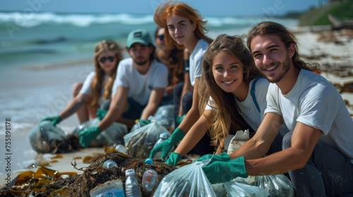Group enjoying cleaning beach water, travel, leisure, happy faces, event fun