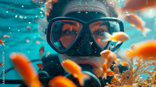 Scuba diver up-close with vivid orange fish underwater. © henjon