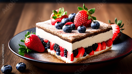 Dessert with white filling and chocolate layer, with red berries, strawberries and raspberries, with strawberry syrup and fruit on the table.