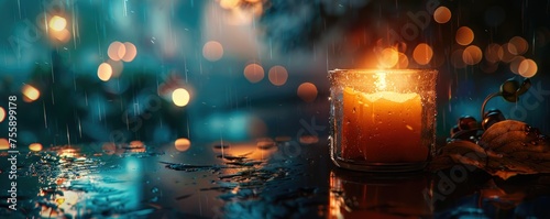 Candle with flame in the rain at night © Daniela
