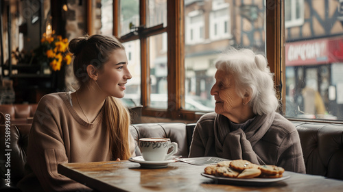  Young woman and her elderly grandmother at a cozy cafe, sharing smiles and conversation over coffee and cookies, deep family bond and the warm connection between generations.