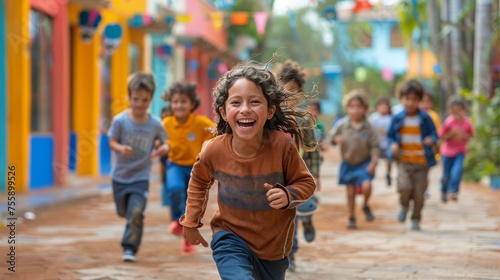 Group of Children Running Down a Street