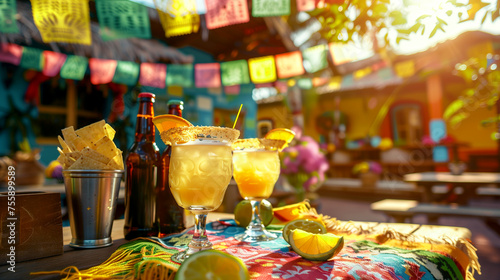 Festive outdoor setting for Cinco de Mayo with colorful margaritas on a vibrant tablecloth, complete with salt-rimmed glasses and lime garnishes, beer bottles, and traditional papel picado banners