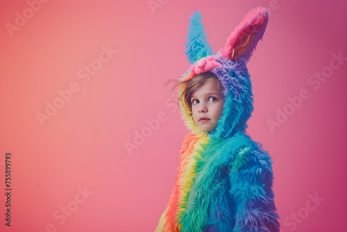 Cute little child wearing rainbow bunny costume on Easter day. Toddler girl in rabbit kigurumi on pink background. Happy Easter concept. Template for greeting card, banner, poster, flyer 
