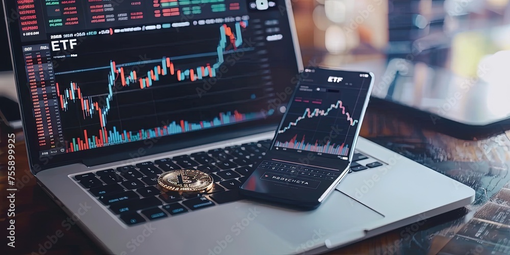 Bitcoin and cryptocurrency trading UX on a laptop monitor and phone screen - app and website mockup with trading dashboard and charts - obrazy, fototapety, plakaty 