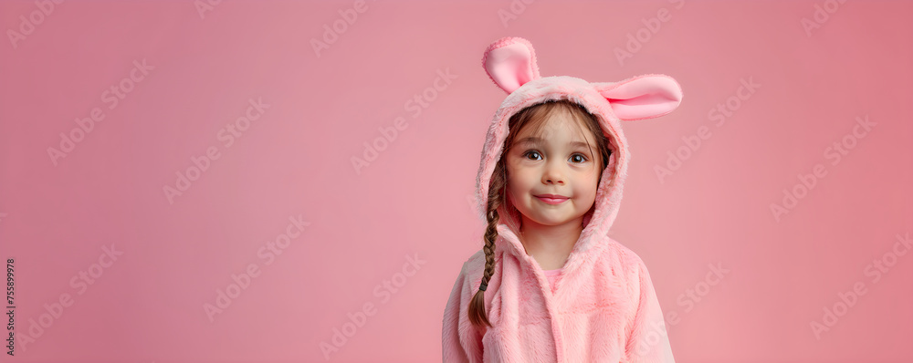 Cute little child wearing bunny costume on Easter day. Toddler girl in rabbit kigurumi on pastel pink background. Happy Easter concept. Template for greeting card, banner, poster, flyer Cute little child wearing bunny costume on Easter day. Toddler girl in rabbit kigurumi on pastel pink background. Happy Easter concept. Template for greeting card, banner, poster, flyer