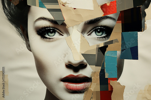 Generative AI picture Abstract modern art collage portrait of young woman man Trendy paper collage composition © deagreez