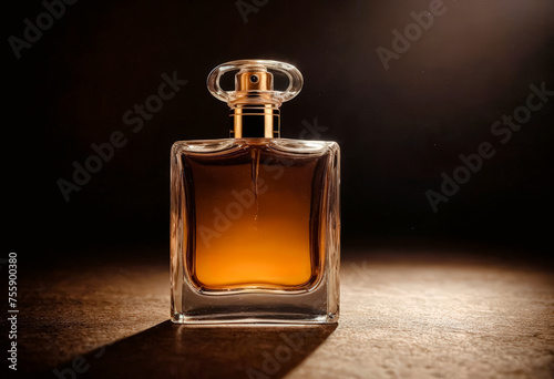 Frasco de perfume iluminado, fondo oscuro, superficie texturizada.


