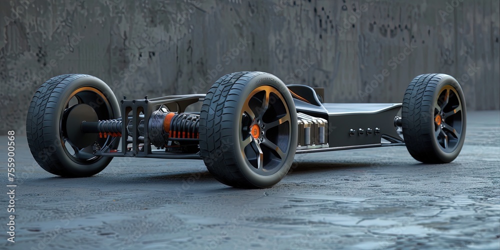 3D model of an electric car chassis with tires and schematics - obrazy, fototapety, plakaty 