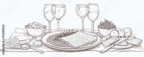 Jewish seder plate, dish with meal. Happy passover lettering, holiday pesach. Vector illustration of traditional pesach food on the plate. One continuous line drawing