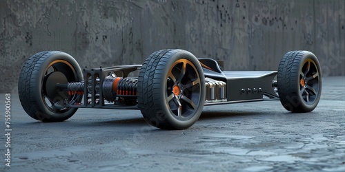 3D model of an electric car chassis with tires and schematics