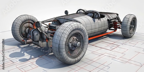 3D model of an electric car chassis with tires and schematics