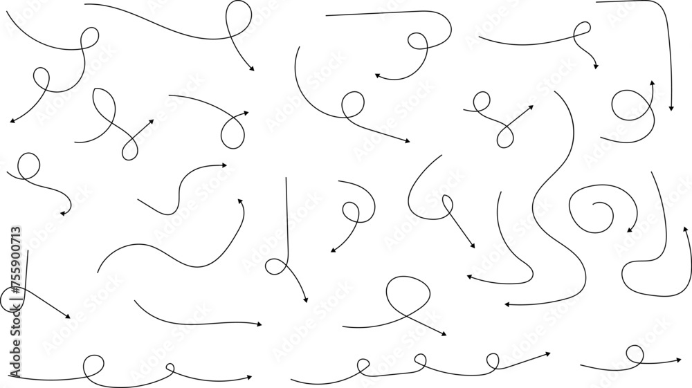 Hand drawn arrows. Hand drawn freehand different curved lines, swirls arrows. Curved arrow line. Doodle, sketch style. Isolated Vector illustration