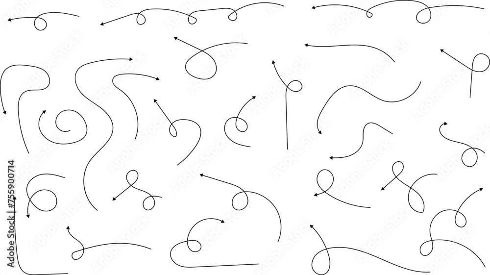 Hand drawn arrows. Hand drawn freehand different curved lines, swirls arrows. Curved arrow line. Doodle, sketch style. Isolated Vector illustration