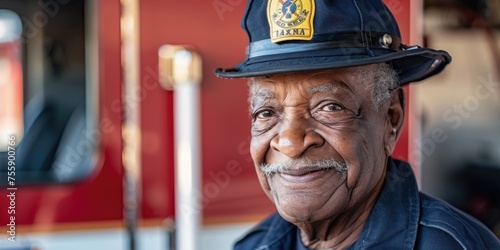 International Firefighters Day, portrait of an African-American elderly male firefighter, fire trucks in a fire station, concept of working pensioners