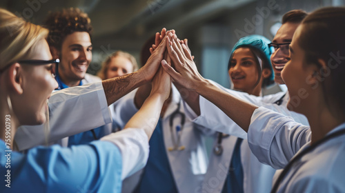 Group of medical professionals in scrubs and white coats, putting their hands together in a unified gesture © MP Studio