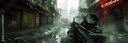 First person shooter (FPS) action video game screenshot - fictional war game with view from the player's perspective photo