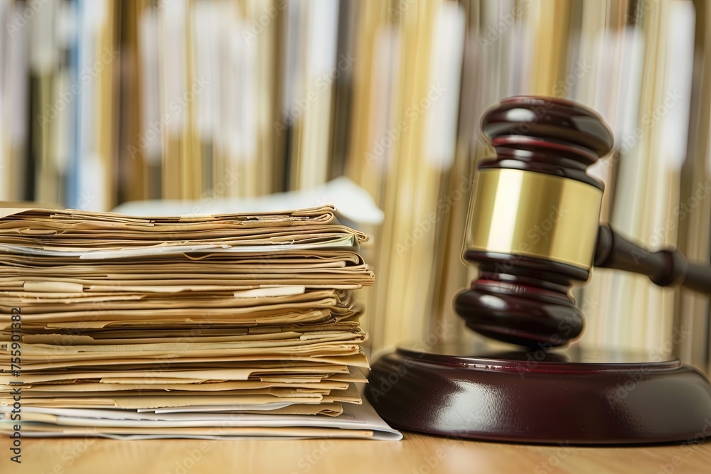 Gavel and a stack of legal paperwork - lawsuits and attorney concept - obrazy, fototapety, plakaty 