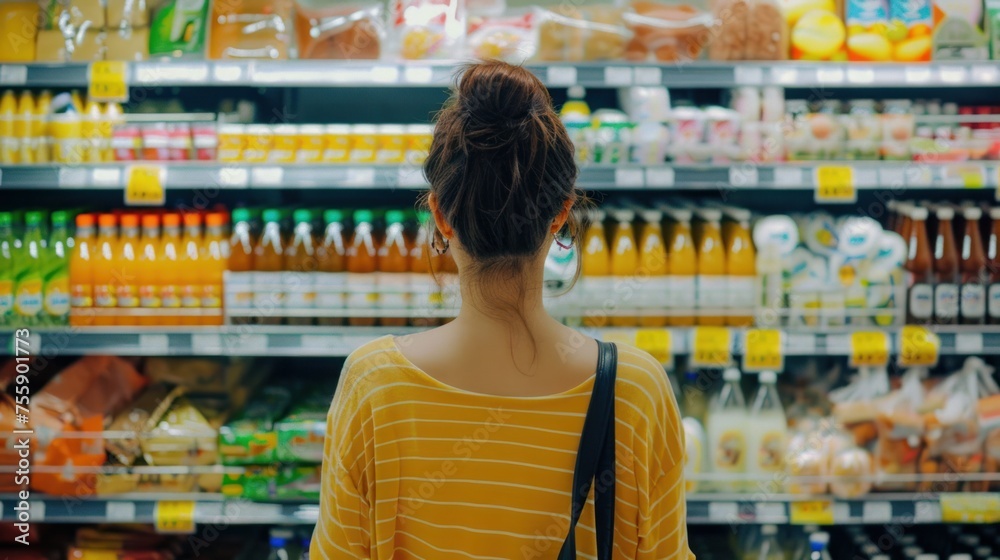 a woman is overwhelmed with the wide range in the supermarket when shopping. 