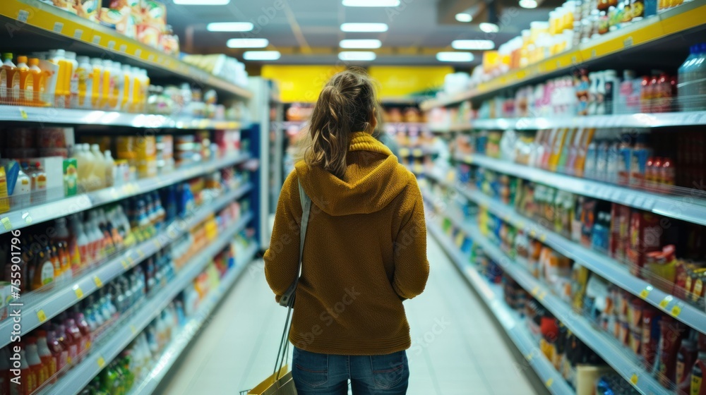 a woman is overwhelmed with the wide range in the supermarket when shopping. 