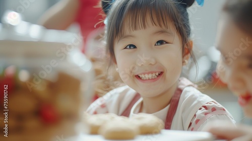 A young girl smiling brightly at the camera with cookies in the foreground