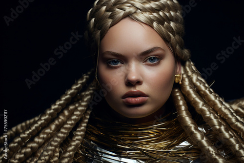 Beautiful attractive woman modern hairstyle braids cornrows standing against grey background created with generative AI