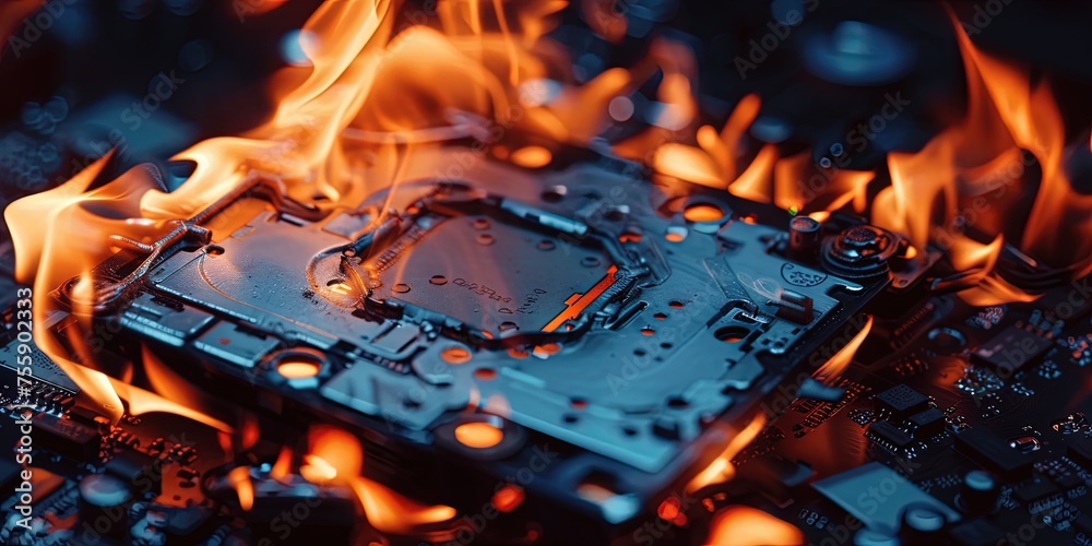 Hard drive on fire - burning hard disk concept with flames and an internal HDD