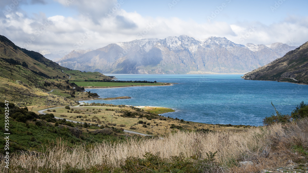 Beautiful landscape with glacier lake surrounded by green fields and high mountains, New Zealand