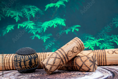 Obraz na plátně Musical traditional ethnical and tribal rhythmic idiophones made of wood with so