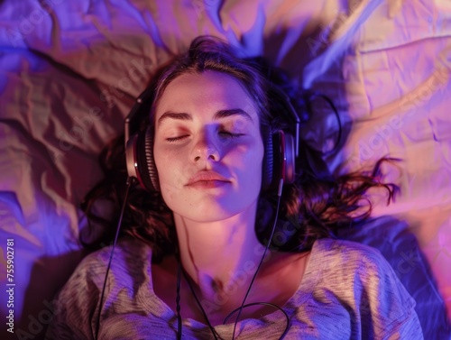 Young woman lying in bed listening to music with headphones © Miquel
