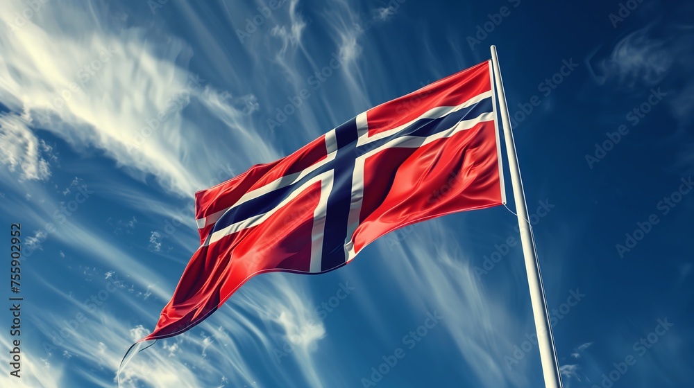Norway flag waving in the wind on blue sky background