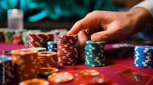 Close-up of a cancer player in a casino sorting through multi-colored chips for playing roulette.